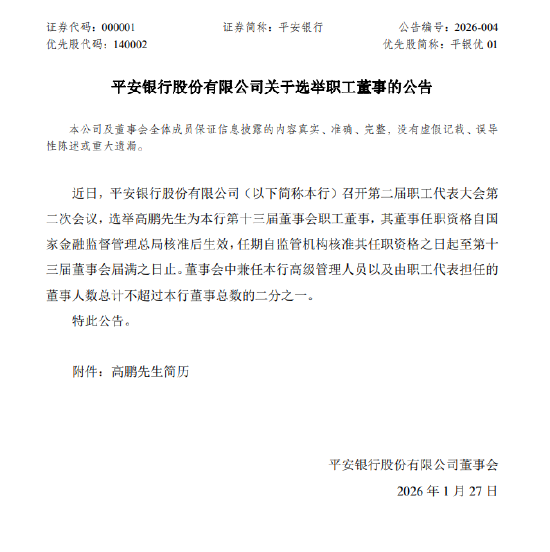 平安银行：选举高鹏为职工董事