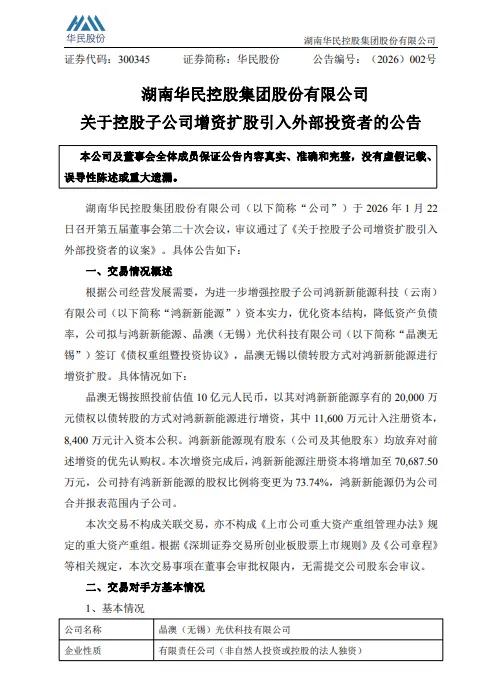 晶澳无锡对鸿新新能源债转股增资2亿元