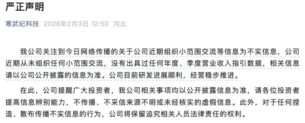 寒武纪股价大幅下挫,公司紧急声明:组织小范围交流等信息不实