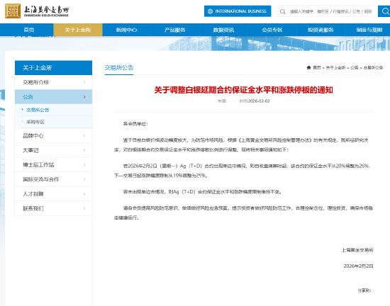 上金所:调整白银延期合约保证金水平和涨跌停板