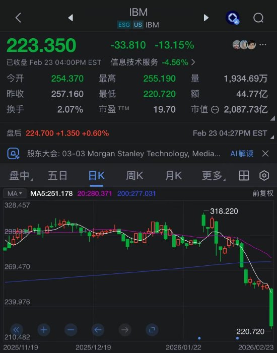 IBM成AI最新受害者!受Anthropic编程语言威胁,股价暴跌13%