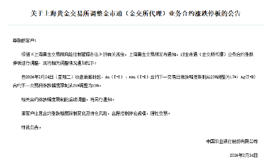 农业银行：注意金市通业务合约涨跌幅度限制变化及持仓风险