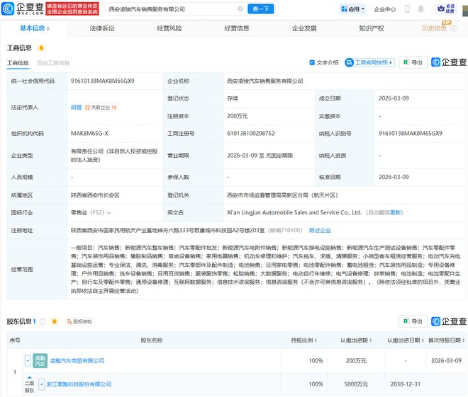 零跑汽车在西安成立汽车销售服务公司