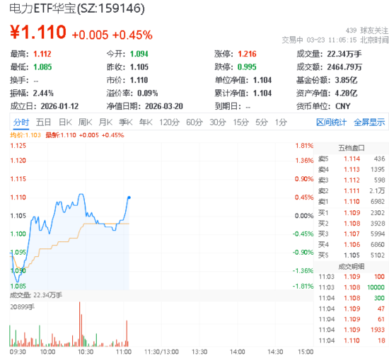 电力股逆市冲高!立新能源、浙江新能涨停!华宝基金电力ETF(159146)冲击四连阳!