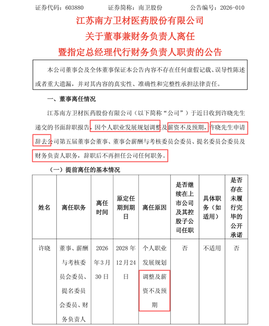 年报前财务负责人离职:称工资给低了,前任年薪不足30万
