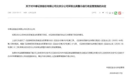 知名券商中泰证券北京分公司，遭监管警示！