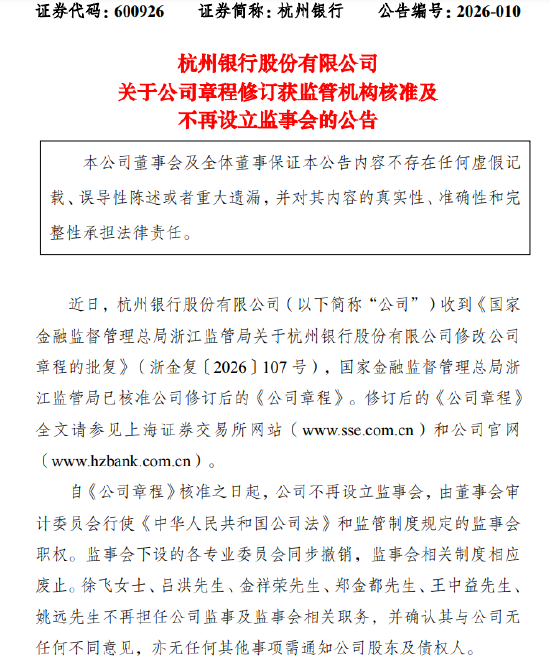 杭州银行：公司章程修订获核准，不再设立监事会