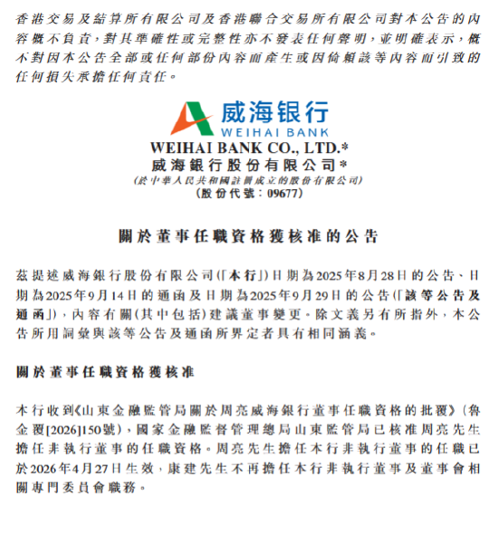 威海银行：周亮获批担任非执行董事