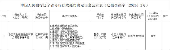 农业银行辽宁省分行被罚327.05万元：违反金融统计相关规定等
