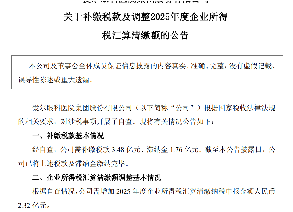 赴港上市前夕:爱尔眼科大额补税或拖累盈利