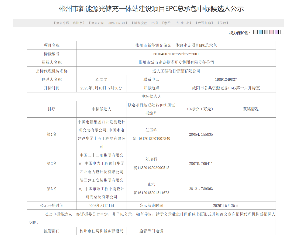 4.03元/瓦,中电建拟中标彬州城投70MW光储充一体化EPC