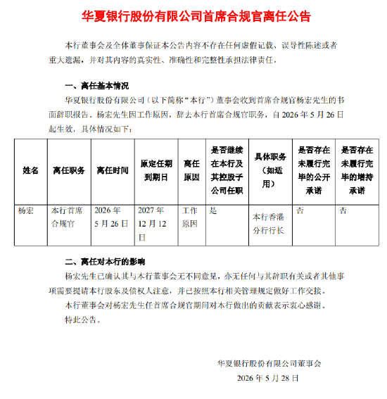 华夏银行：杨宏辞任首席合规官