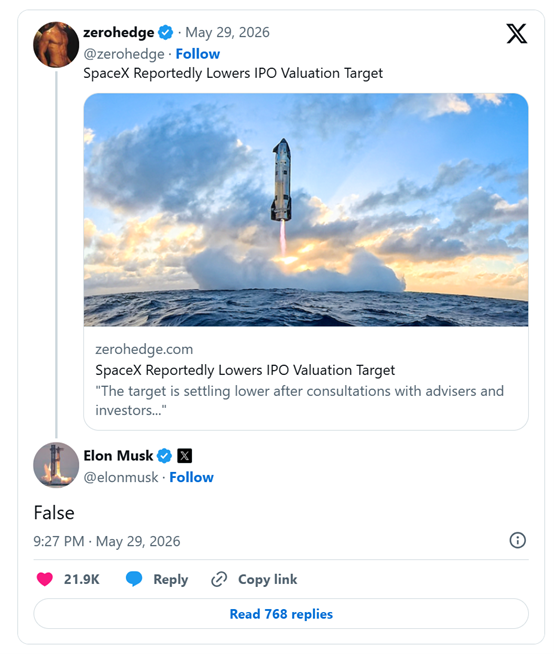 冲刺全球首位万亿富豪!马斯克回应“SpaceX下调IPO估值”:不实